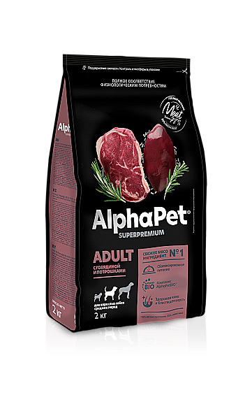 AlphaPet Adult Корм для взрослых собак средних пород, с говядиной и потрошками 2кг