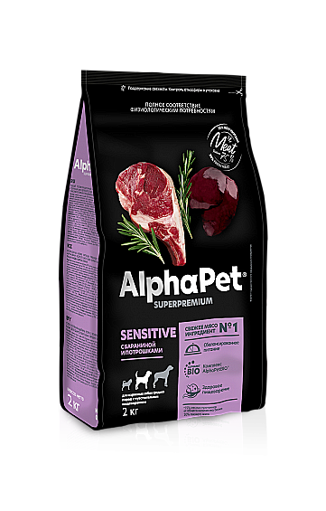 AlphaPet Sensitive Корм для собак средних пород с чувств. пищеварением, с Бараниной и потрошками 2кг